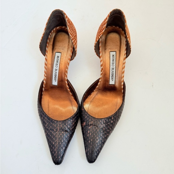 Manolo Blahnik Copper Brown Snakeskin Chevron Fabric D'Orsay Tyler Pump EU 37 - Picture 2 of 9